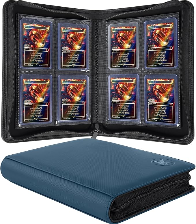 Top loader Binder, Holds 128+ Toploaders, 4 Pocket Top Loader Card Storage Case, Double-Sided Pockets for trading card in 3 x 4'' Toploaders（Navy Blue）