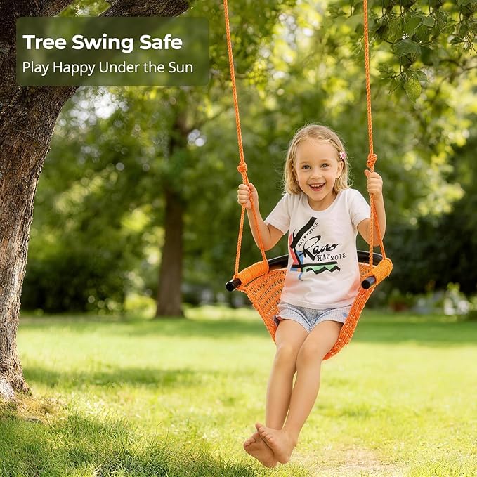 JKsmart Swing Seat for Kids Heavy Duty Rope Play Secure Children Swing Set,Perfect for Indoor,Outdoor,Playground,Home,Tree,with Snap Hooks and Swing Straps,440 lbs Capacity,Orange