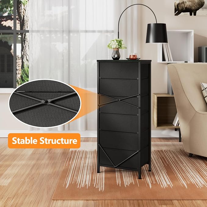 Dresser for Bedroom, 6 Drawer Tall Storage Tower Unit and Chest | Vintage Green Fabric Drawer Organizer in Dorm, Vertical Tall Nightstand Furniture in Living Room,Closet, Metal Frame,Wood Top