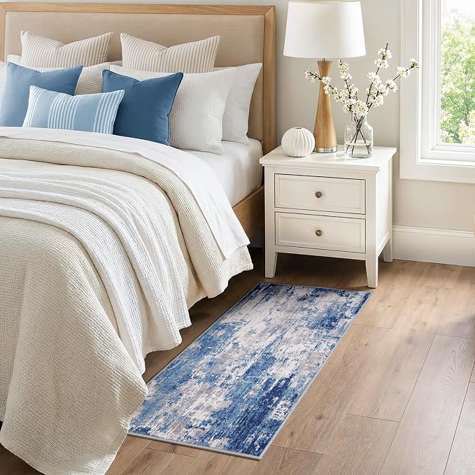 RELEANY Washable 2'x5' Abstract Area Rug for Living Room Blue Gray | carpet for bedroom, kitchen, office, hallway and entryway, printed pattern, non-slip, soft, stain-resistant, easy to clean