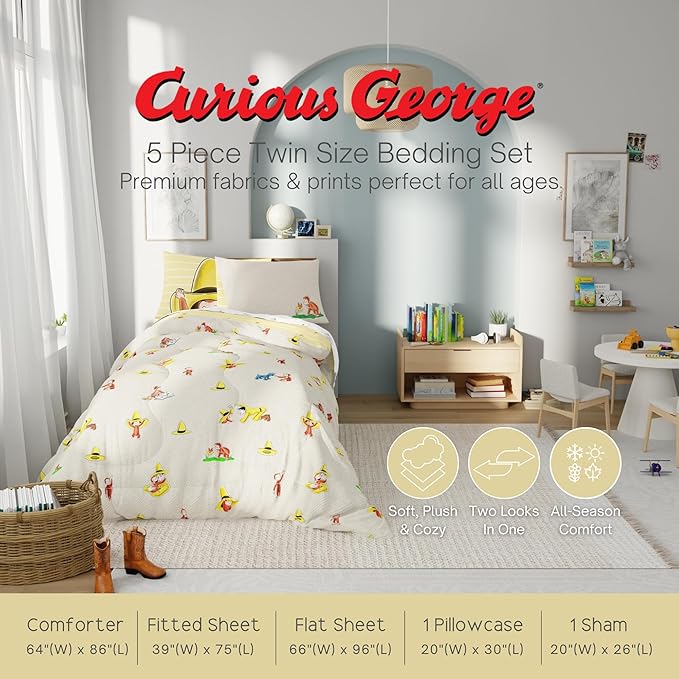 Curious George Bedding Set, Twin Size 5 Piece Set Kids Super Soft Cozy Reversible Comforter and Sheet Set with Sham, (100% Officially Licensed Product) by Franco