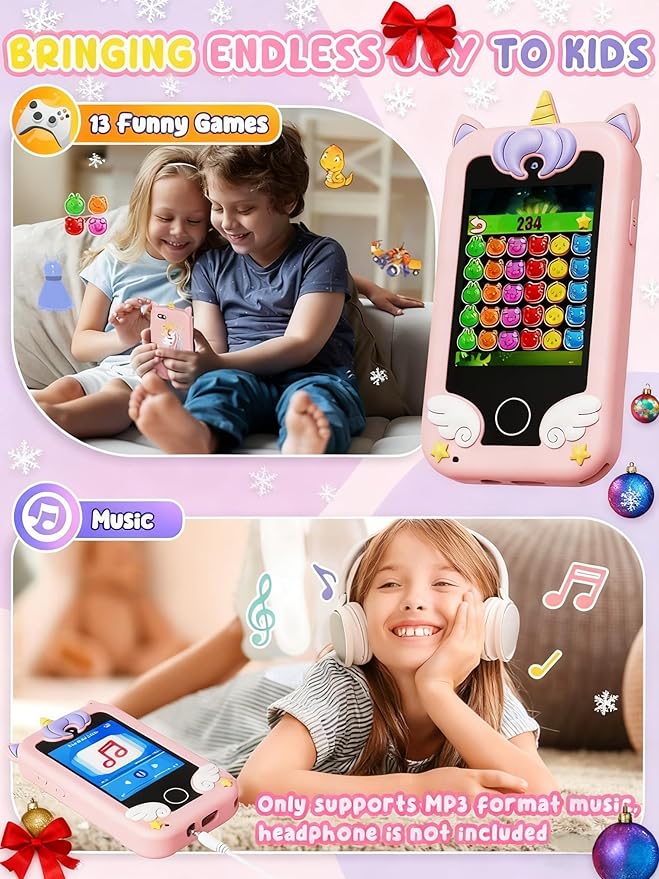 UCIDCI Unicorn Kids Smart Phone Toys for Girls Ages 3-7 with Dual Camera - Toddler Phone with Learning Games, Travel Toys with MP3 Music Player for Christmas, Birthday Gifts for 3 4 5 6 7 Year Old
