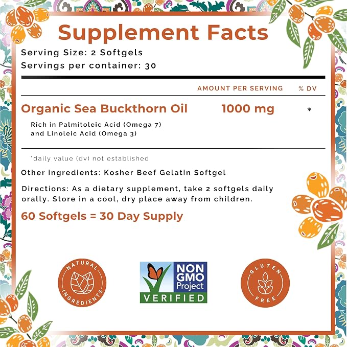 SeabuckWonders Fem-Omega7 Vaginal Moisture Support Softgels, 60 Count, 30 Day Supply, Organic Sea Buckthorn Oil Vaginal Moisturizer, Supports Female Dryness, Feminine Care