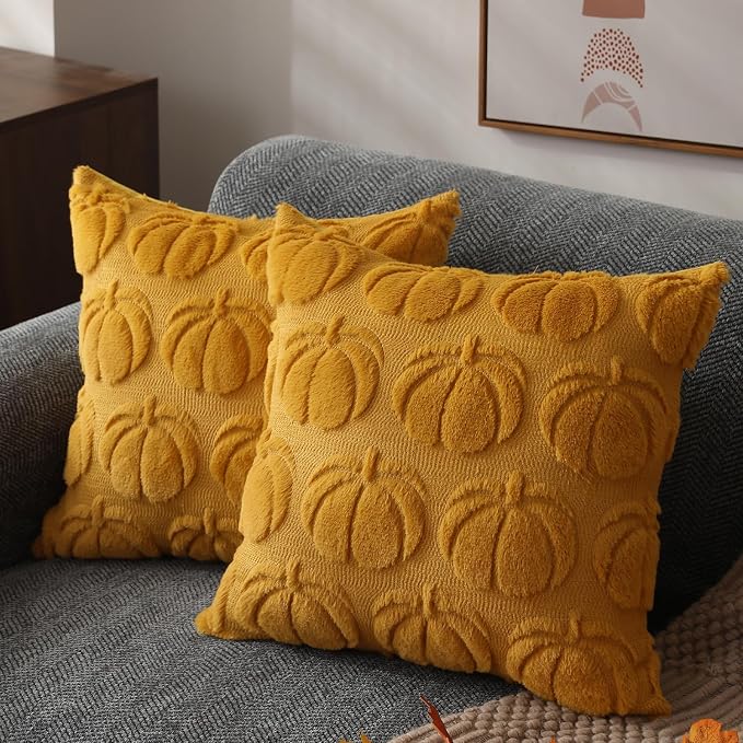 DFXSZ Fall Pillow Covers 20x20 2Pcs Yellow Pumpkin Fall Decoration for Home | Fall decor Set of 2 Throw Pillow Cases Soft Plush Faux Fur Wool Couch Cushion for Chair Sofa Bedroom Living Room Home Decor