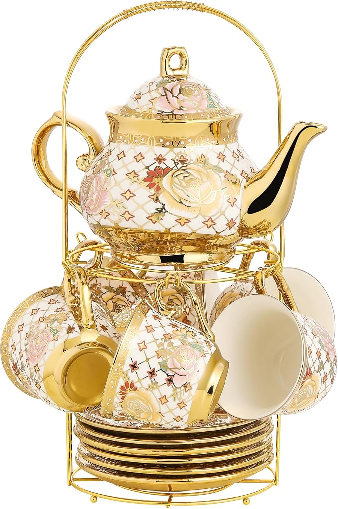 20 Pieces Porcelain Tea Set With Metal Holder, European Ceramic tea set for adults,Flower Tea Set,Tea Set For Women With Flower Painting