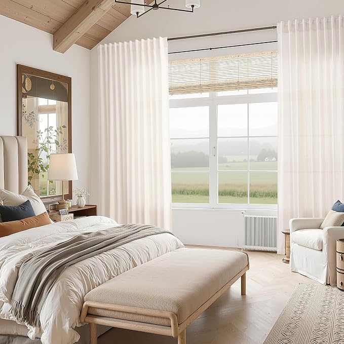 Ivory White Curtains 96 Inches Long 2 Panels for Bedroom Living Room Back Tab Semi Sheer Linen Curtain Modern Farmhouse Coastal Decor 96 inch for Patio Sliding Door Office 52X96
