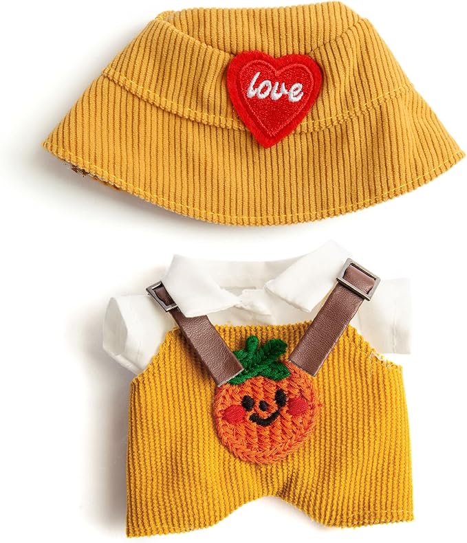 3-Piece Doll Clothes for Labubu & 17cm Dolls – Stylish Fisherman Hat Set, Kawaii Doll Outfits with Accessories for Collectors or Display - Yellow Pumpkin (No Dolls)