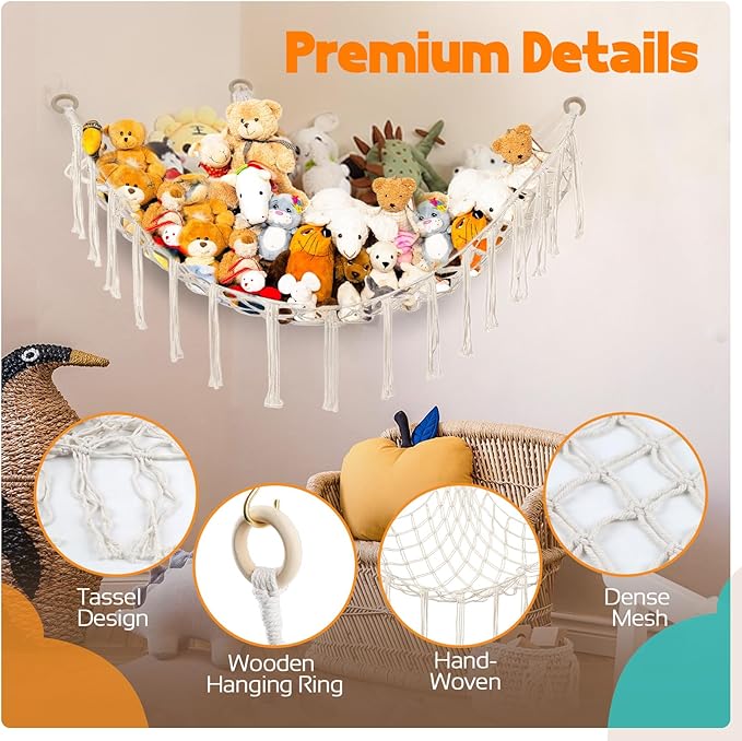Stuffed Animal Storage Hammock Large Toy Storage Net Stuff Animal Hanging Organizer Holder for Plush Plushie Included Anchors & Hooks Teddy Bear Storage Boho Room Decor