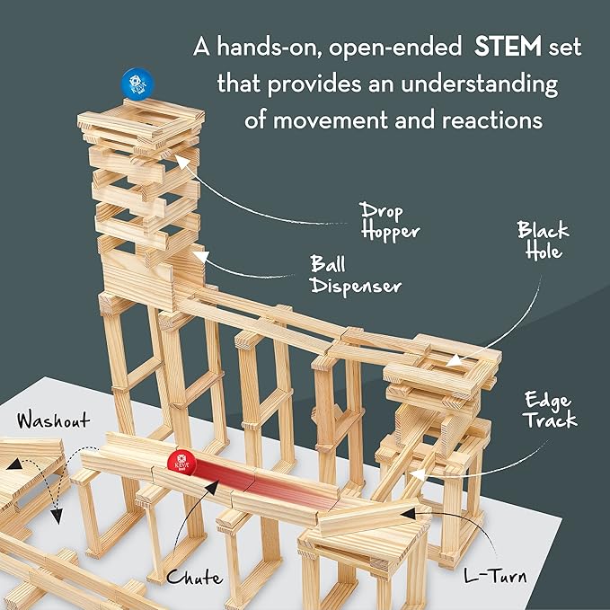 MindWare KEVA Contraptions, Wooden Blocks Building Set, Marble Run Kit, Includes 2 Balls - 400 Planks