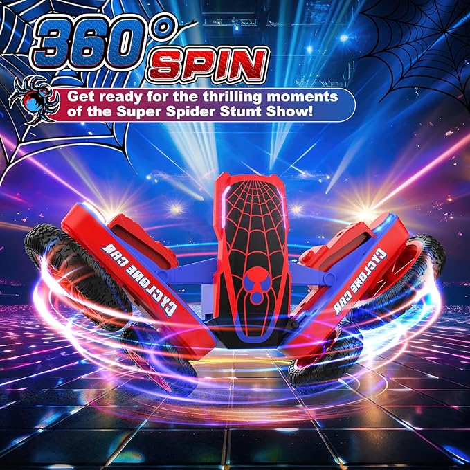 Spider Remote Control Car for Kids - 2.4Ghz Fast RC Stunt Cars, 360° Rotating 4WD RC Crawler with Lights, Rechargeable Car Toy for Boys Ages 6 7 8 9 10 Birthday Black&Red