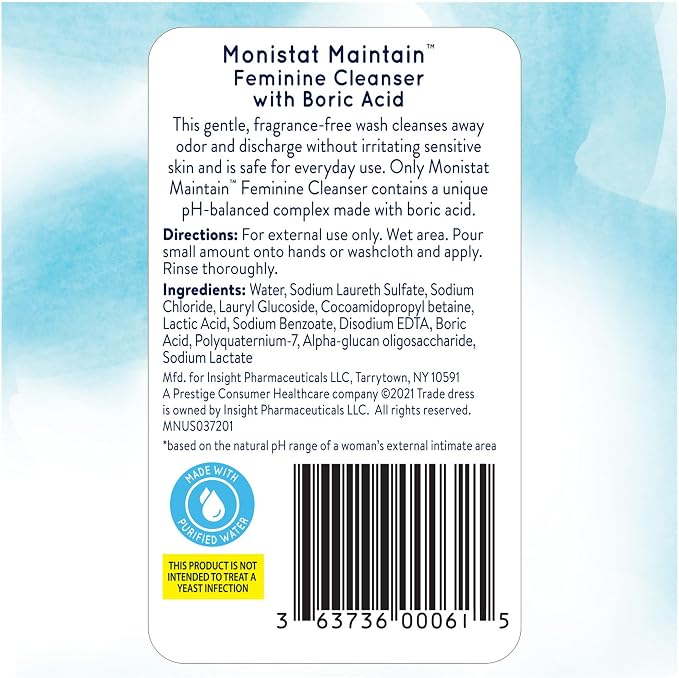 Monistat Boric Acid Feminine Wash, Fragrance-Free Intimate Wash for Women with Gentle pH-Balanced Formula, 16 Fl Oz