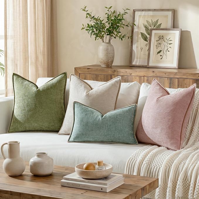 a moment Pack of 2 Decorative Chenille Throw Pillow Covers with Twill Cushion Covers for Sofa Living Room Couch Bed 20x12 Inch,Crafted Border Beige