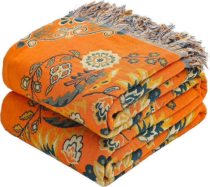 VANJOROY Boho Large Throw Blanket, 100% Organic Muslin Cotton Breathable Soft Bed Throw - Floral Farmhouse Decor Blanket for Sofa Couch Chair and Gift. 80" x 90"- Orange