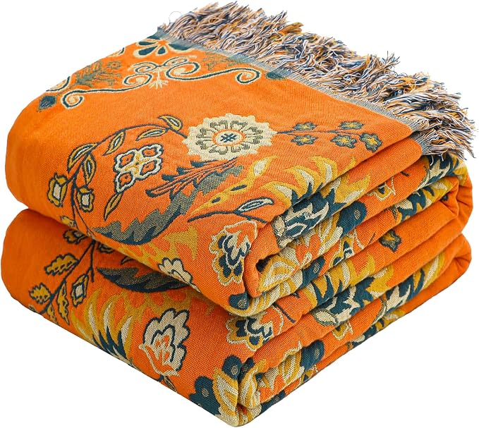 VANJOROY Boho Throw Blanket, 100% Cotton Muslin Breathable Soft Bed Throw - Floral Farmhouse Decor Blanket for Sofa Couch Chair and Gift. 60" x 80"- Orange