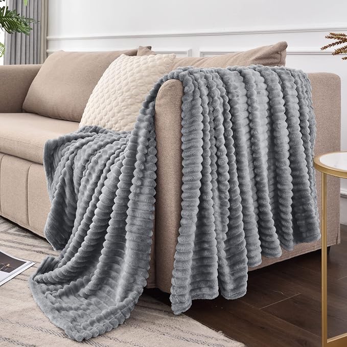 BEDELITE 3D Ribbed Jacquard Grey Full Size Blankes for Bed, 84x90 Inch | Soft Warm Decorative Fluffy Blanket, Cozy Fuzzy Lightweight Plush Fleece Throw Blankets for Bed, Room Decor, Gift for Women