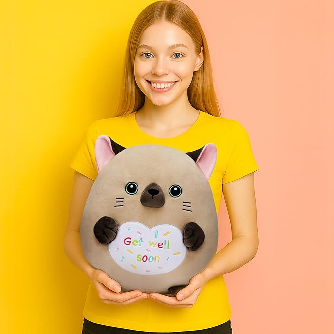 Get Well Soon Siamese Cat Large Plush Pillow Stuffed Animal Toy Patient Feel Better,12.5" Big Size Cute Plushie,Gift for Kids Women Girls