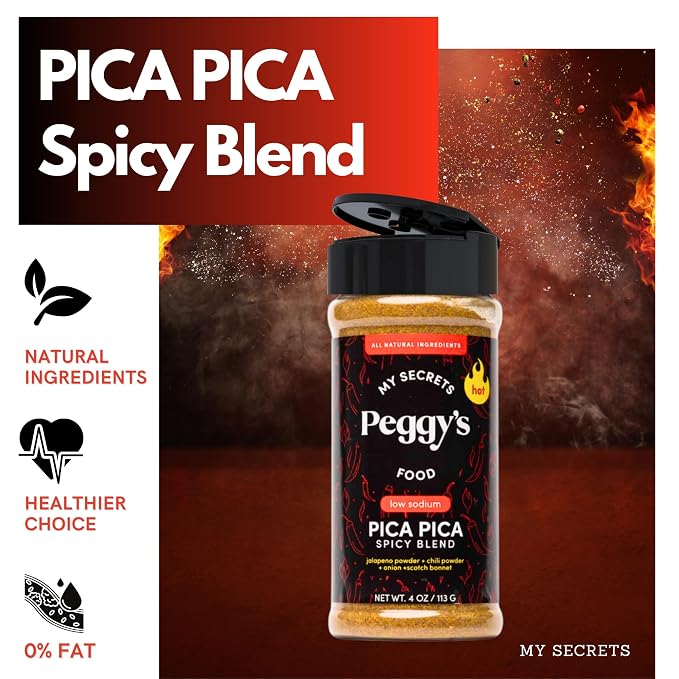 My Secrets Peggy's Food Pica Pica Spicy Blend - Premium Gourmet Seasoning with Jalapeño, Chili, and Scotch Bonnet Pepper - All-Purpose Heat for Grilling, Tacos, and Roasted Vegetables - 4 oz
