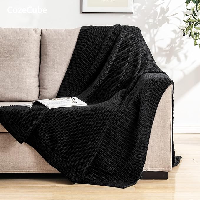 CozeCube Jet Black Seed Stitch Throw Blanket 50"x60", Farmhouse Decor | Blanket for Couch, Soft Cozy Cable Knit Throw for Bed Sofa Living Room, Lightweight Warm Decorative Christmas Blanket