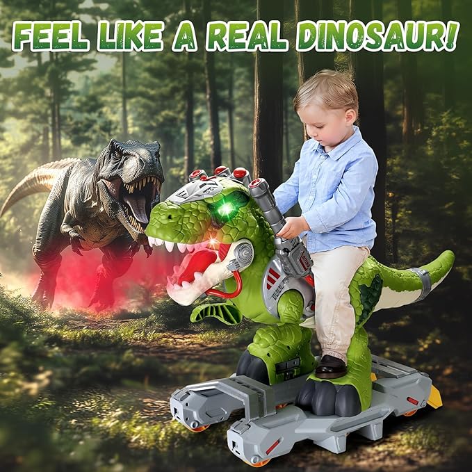 Dinosaur Ride On Toy Cars for Kids, Toddler Electric Ride On Toys with Music, Light & Smoke, 3-5 Year Old boy Gift, Preschool Kids Scooter Foot-to-Floor Walker for Indoor Outdoor