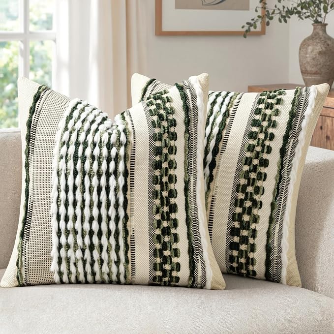ANRODUO Boho Decorative Pillow Covers Plush Olive Green 18x18 Pack of 2 | Throw Pillow Covers, Soft Plush Tufted Farmhouse Cushion Case, Pillow Covers, Accent Neutral Pillowcase for Sofa Couch Bed
