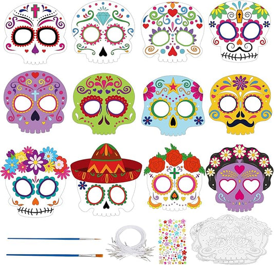 24 Pcs Day of The Dead Crafts for Kids DIY Halloween Mask Crafts Color Your Own Skull Masks Dia de Los Muertos Party Games for Boys Girls Toys Cosplay Dress Up