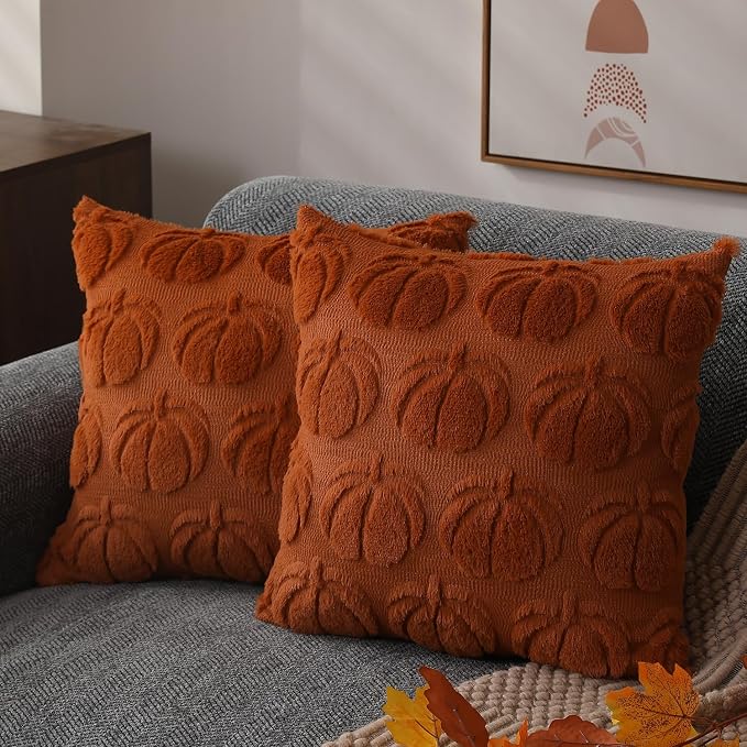 DFXSZ Fall Pillow Covers 24x24 2Pcs Rust Pumpkin Fall Decorations for Home | Fall decor Set of 2 Throw Pillow Cases Soft Plush Faux Fur Wool Couch Cushion for Chair Sofa Bedroom Living Room Home Decor