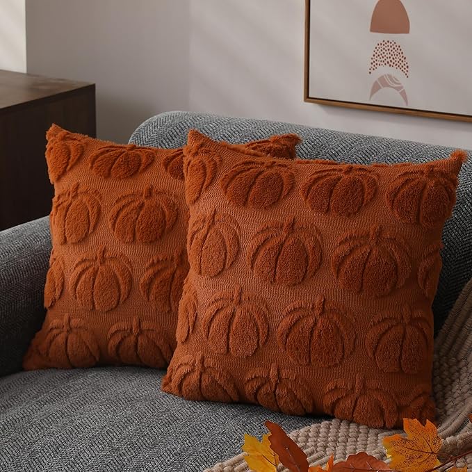 DFXSZ Fall Pillow Covers 26x26 2Pcs Rust Pumpkin Fall Decorations for Home | Fall decor Set of 2 Throw Pillow Cases Soft Plush Faux Fur Wool Couch Cushion for Chair Sofa Bedroom Living Room Home Decor