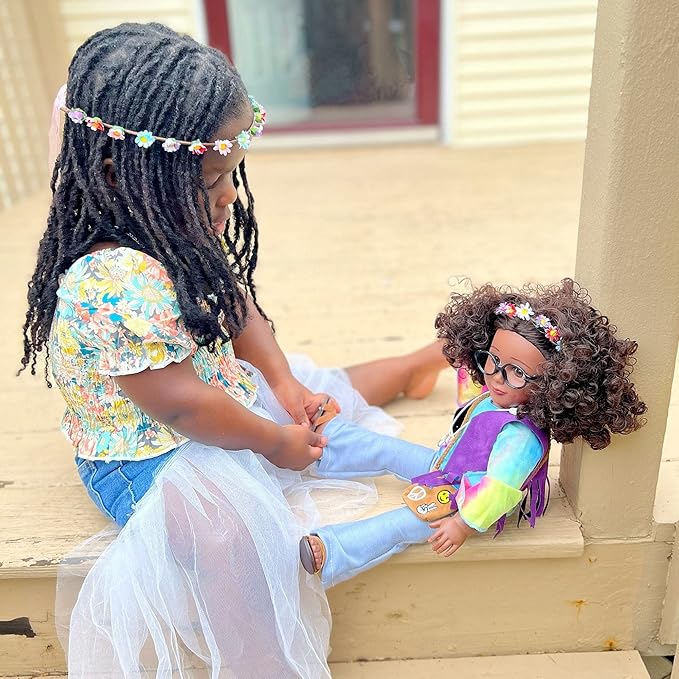 Playtime by Eimmie 18 Inch Doll Clothes and Accessories - Retro Flower Outfit with Tie-Dye Shirt, Fringe Vest, Jeans, Sandals & Flower Crowns - Fits American, Generation & Similar 18” Dolls for Girls