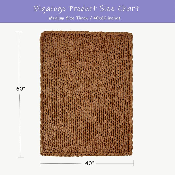 Bigacogo Chunky Knit Throw Blanket for Couch, 40x60 inches, Caramel | Hand Knit with Jumbo Chenille, Soft Breathable Cable Knit for Sofa Bed Living Room, Machine Washable, Gift for Mom Friend