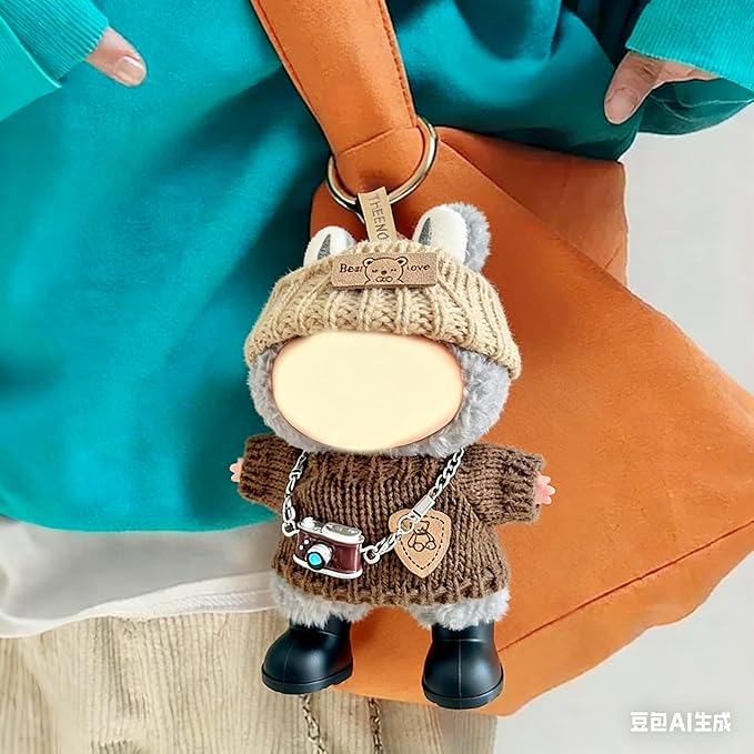 3 PCS Doll Clothes for labubu,17cm Dolls Outfit Accessories,for la-bubu Dolls/for la-bubu Outfit,Brown Sweater+ Small Camera+White Headband It's a Gift for labubu Enthusiasts and Collectors (No Doll)