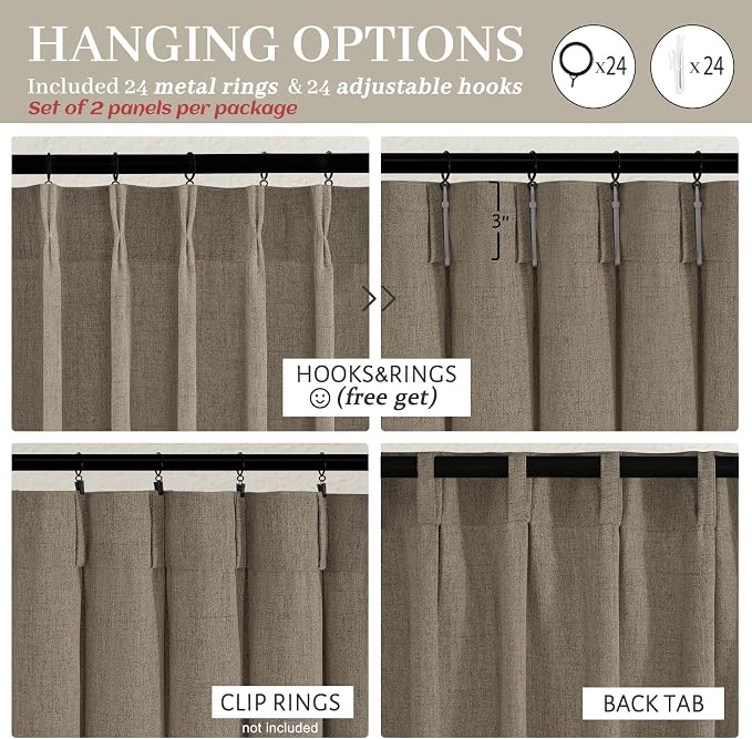 Dark Flax 70 Inch Extra Wide Curtains 90 Inches Long for Dining Room 2 Panels Set, Memory Trained Pinch Pleated Linen Blend Semi Sheer Light Filtering Elegant Windows Curtain for Kids Room/Nursery