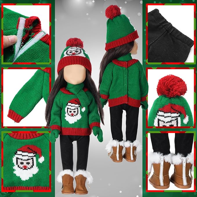 6 Pcs Christmas 18 Inch Doll Clothes and Accessories Winter Outfits Set Sweaters Trousers Hats Shoes for 18 Inch Doll Gift(Green and Red,Santa Claus)