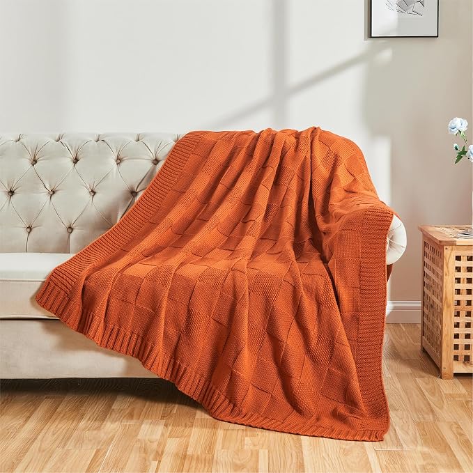 CozeCube Rust Orange Knitted Checkered Throw Blanket 60"X80" | Check Knit Throw for Couch, Decorative Christmas Soft Cozy Warm Blanket for Bed Sofa Living Room