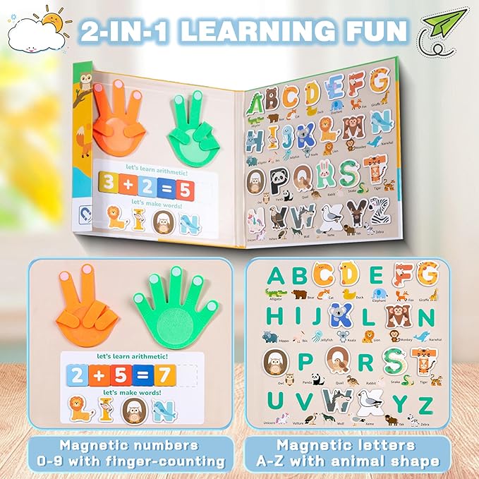 Magnetic Alphabet & Number with Animal-Shaped 2-in-1 ABC & Math Learning Toys for Kids Ages 3-6 | Spelling, Counting, Montessori Preschool Educational Toy with Storage Book