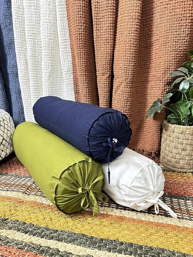 Cervical Neck Roll Pillow Cover with Cotton Bolster Pillowcases for Cylindrical Cushion and Drawstring Closure Round Neck Pillowcase 6" x 18" (15 x 45 cm) White