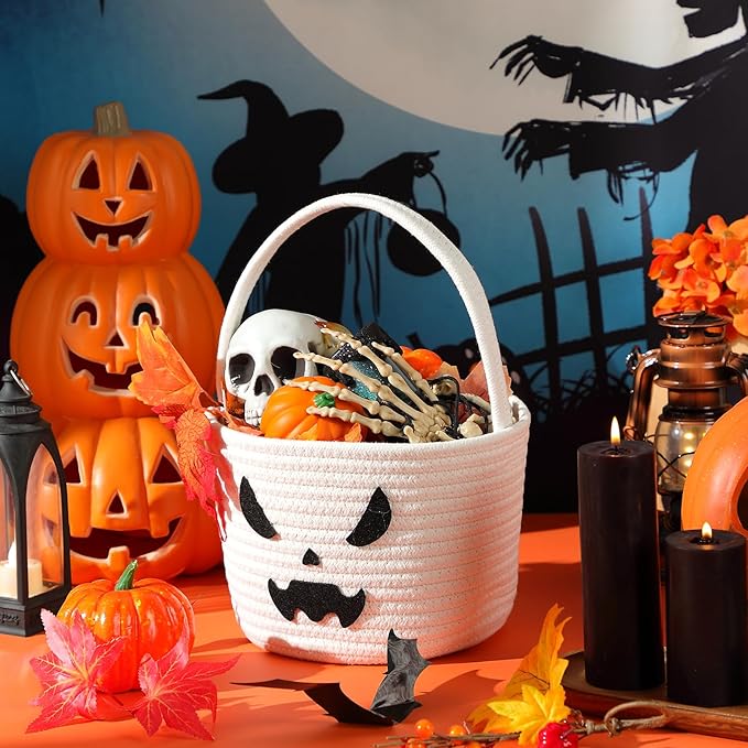 Halloween Basket with Handle Cute Bucket Cotton Rope Woven Candy Bag Pumpkin Witch Cat Pig Storage Basket for Halloween Party Favor(White,Ghost)