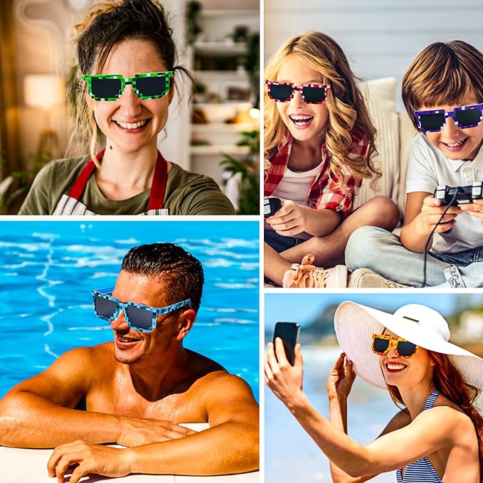 KIMOBER 12 Pack Pixel Sunglasses,6 Colors Pixelated Mosaic Gamer Glasses for Photo Props Party Favors