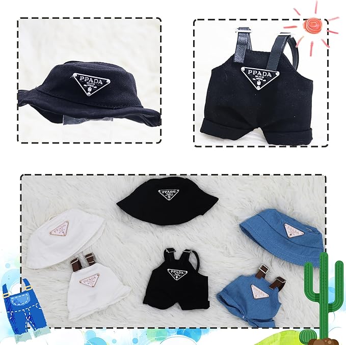 Clothes Set for Doll, 17cm Hat & Overalls Set Dolls Clothes Accessories Suit, Stylish Clothes for Dress up Unique Style (NO Doll)(Black+White, 2-Pack)