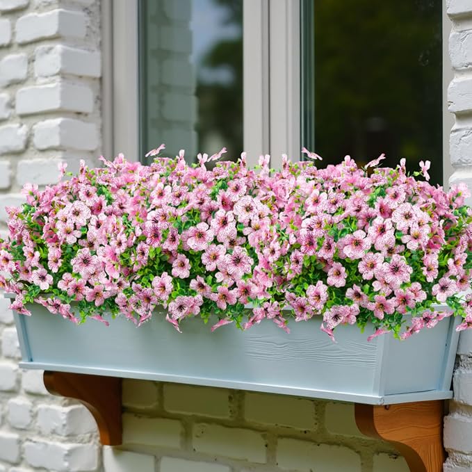 Ouddy Decor 12 Pcs Artificial Flowers for Outdoors Decorations, Pink | Lifelike silk flowers, UV resistant, faux plastic plants, for garden porch window table vase home indoor outdoor decor