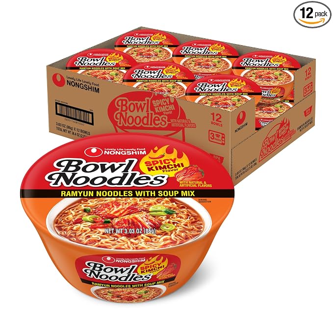 Nongshim Ramen Noodles, Gourmet Instant Ramen bowl, Premium Microwavable Noodle Soup, Kimchi, 3.03 Ounce (Pack of 12)