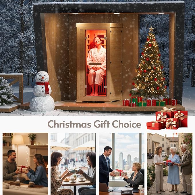 ENSTVER Infrared Wood Sauna 5.4Ft 1 Person, Luxury Full Spectrum Far Infrared Sauna Features Low EMF 1240w 7-Light Dynamic & Music Speakers, Canadian Hemlock Dry Indoor Saunas for Home & Gym
