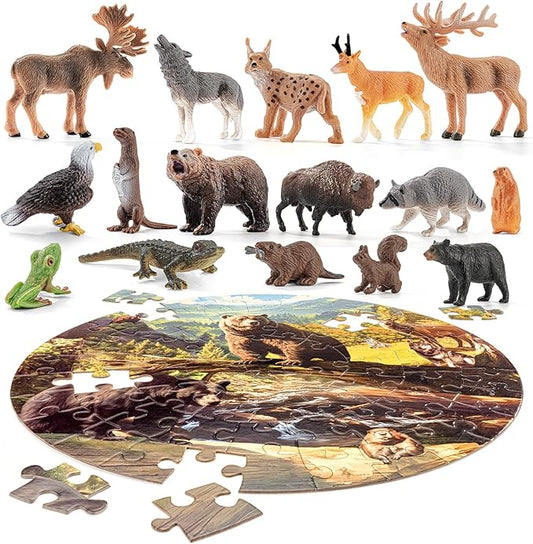 North American Animals Figurines Toys, 16PCS Realistic Safari Animals Figures & 67PCS 20" Large Woodland Jigsaw Puzzles Toys for Preschool Kids Toddlers, Ideal Gift for Toddler