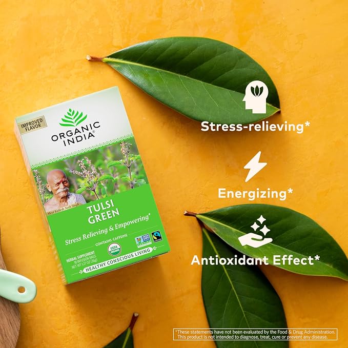 ORGANIC INDIA Tulsi Green Tea Bags - Holy Basil Tea, African Basil, Stress Relieving, Immune Support, USDA Certified Organic, Premium Darjeeling Green Tea, Caffeinated - 18 Infusion Bags, 3 Pack