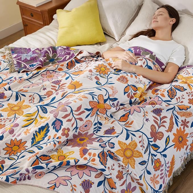 100% Cotton Boho Throw Blanket for Home Decor – Classic Farmhouse Quilt Bedding, Muslin Blankets for Adults, Vintage Woven Decorative Blanket for Couch, Bed Layering Use, Botanic Floral, 90"x90"
