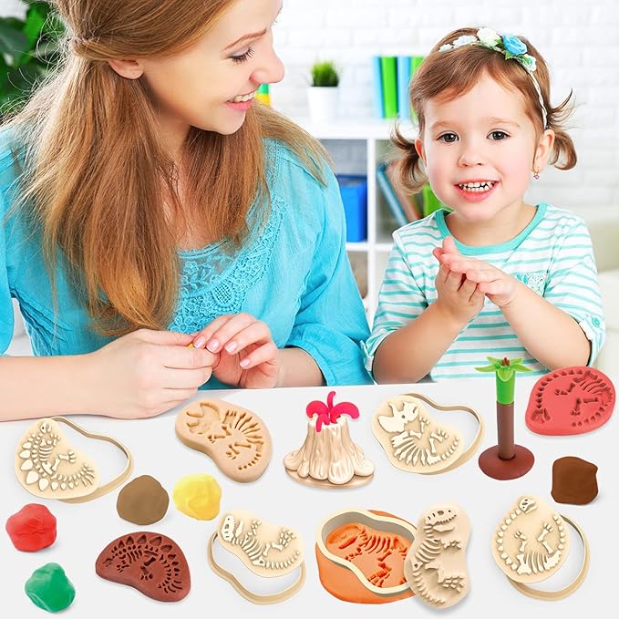 Color Dough Sets for Kids Ages 4-8, Dinosaur Toys Dough Tool Sets for Boy Girls, Volcano Fossils Tools Color Dough Accessories Toys for Kid Age 5-7 Years 13 Piece
