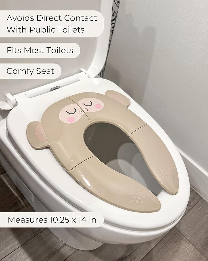 Hippypotamus Travel Potty Seat for Toddler - No-Pinch Folding Potty Training Seat - Non-Slip Silicone Grips - Includes Free Travel Bag (BEIGE Monkey)