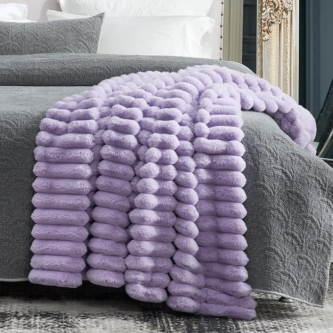 Cozy Bliss Faux Fur Throw Blanket for Couch, Cozy Warm Plush Striped Blanket for Sofa Bedroom Living Room, 50 * 60 Inches Lavender