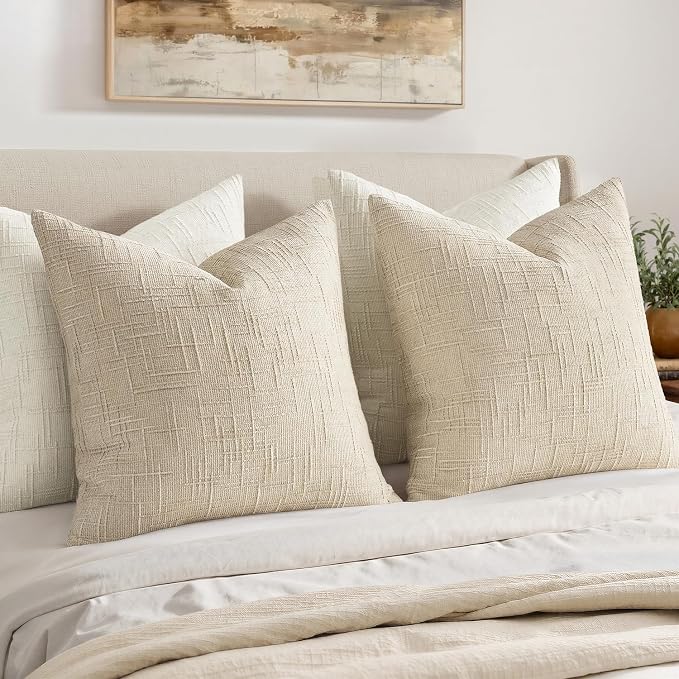 MIULEE Chenille Textured Euro Throw Pillow Covers Beige 22x22 Set of 2 | Slubby Decorative Pillows, Boho Farmhouse Home Decor, Modern Neutral Cushion Covers for Couch Sofa Bed Living Room