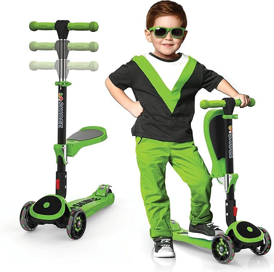 SKIDEE Kick Scooter for Kids Foldable 3 Wheel Scooter with Lean-to-Steer, Adjustable Height, Removable Seat & LED Light Wheels | Toddler Scooter Up to 12 Year Old Boys/Girls