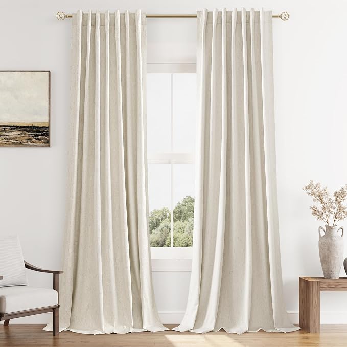 Guken 100% Blackout Linen Curtains 105 Inch Length 2 Panels Set for Living Room Bedroom Back Tab Thermal Insulated Black Out Drapes Room Darkening Farmhouse Style for Bedroom Window Curtains 52x105